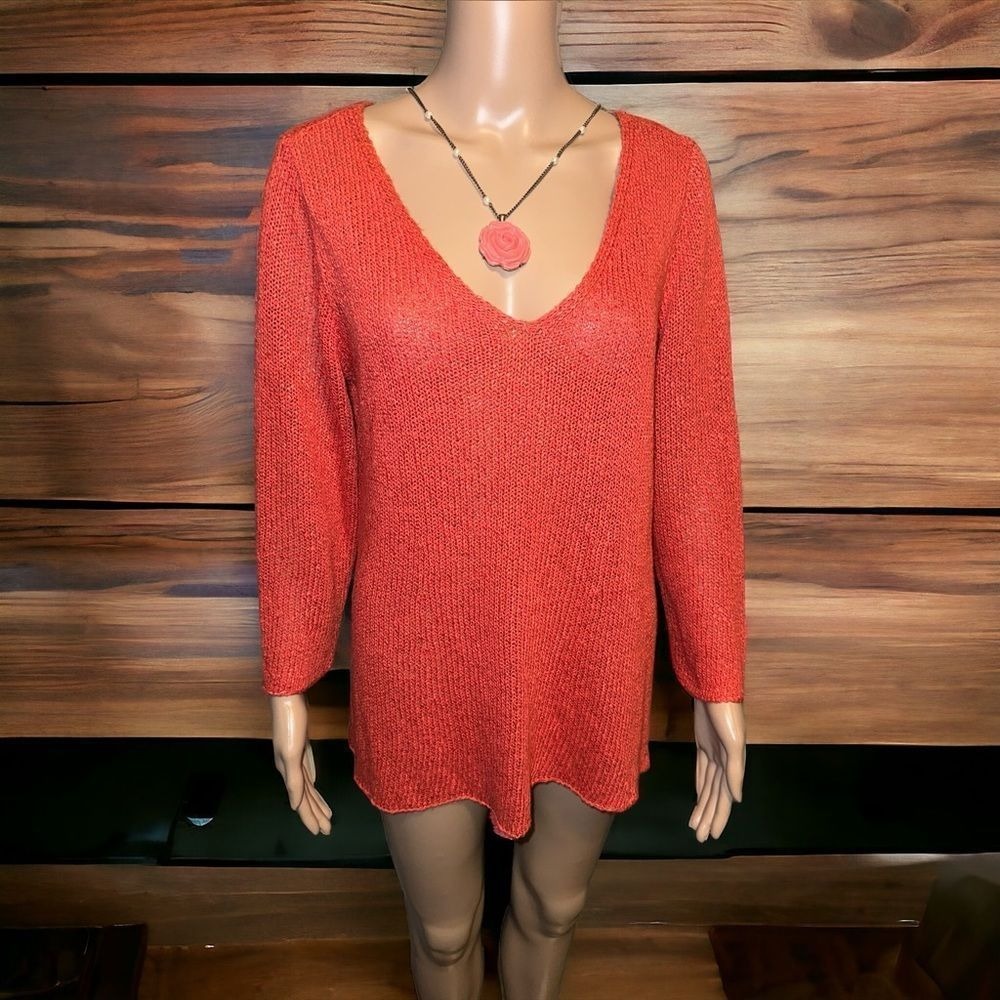 Eileen Fisher Sweater Top Women's XL Geran Orange Wide V-Neck Knit NEW